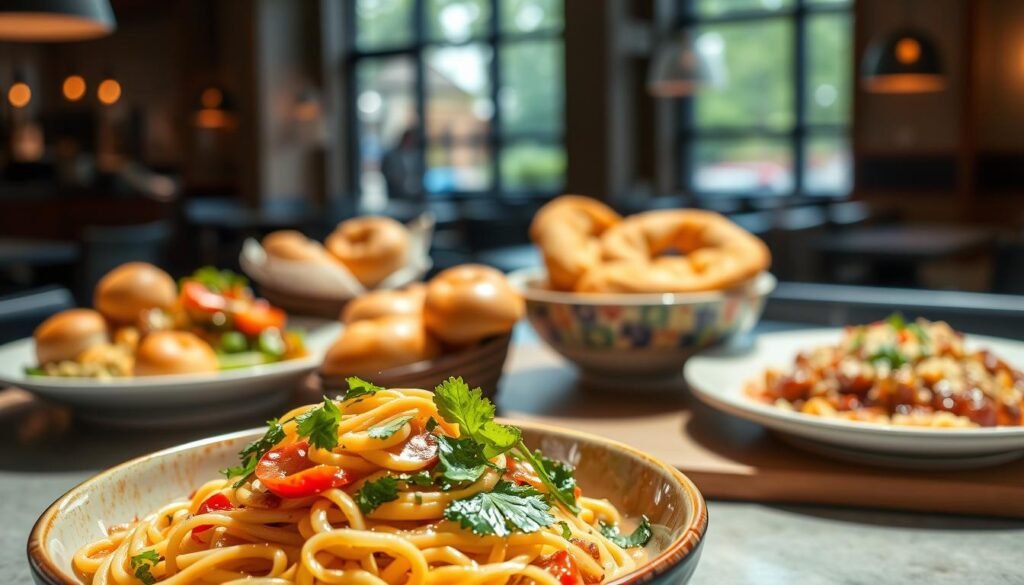 A beautifully lit, high-resolution photograph of a selection of new menu items from Noodles & Company. In the foreground, a bowl of steaming hot noodles with a variety of fresh vegetables, herbs, and a creamy sauce. Behind it, a plate showcasing a new signature dish, such as a colorful stir-fry or a hearty pasta bake, all plated with artistic flair. The middle ground features a variety of freshly baked bread rolls or garlic knots, complementing the main dishes. In the background, a glimpse of the restaurant's modern, inviting interior, with natural lighting filtering through large windows. The overall mood is one of mouthwatering anticipation, highlighting the quality and creativity of Noodles & Company's new culinary offerings.