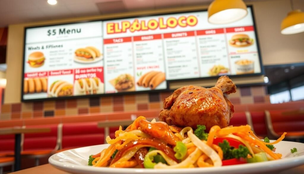 A brightly lit, contemporary diner interior with a large menu board prominently displaying the "El Pollo Loco $5 Menu" offerings. The menu features a variety of mouthwatering dishes, including a whole flame-grilled chicken, tacos, burritos, and sides. In the foreground, a plate showcases one of the $5 meal options, with a balanced arrangement of protein, vegetables, and carbohydrates. The overall scene conveys a sense of quality, affordability, and health-consciousness, aligning with the subject of the article's section on "Popular $5 meal options and nutritional highlights".