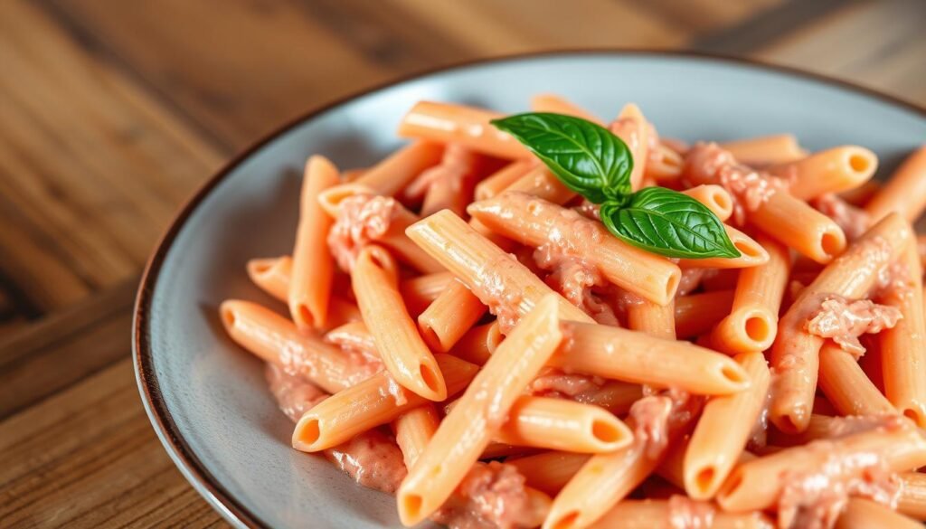 A close-up photograph of a plate of penne pasta in a creamy pink sauce, garnished with fresh basil leaves. The pasta is perfectly al dente, with a vibrant pink color from the tomato-based sauce. The sauce has a silky, velvety texture and a subtle creaminess, complemented by the fragrant basil. The lighting is soft and warm, highlighting the delicate details of the dish. The plate is placed on a wooden surface, creating a rustic, homemade atmosphere. The composition is well-balanced, with the pasta taking up the majority of the frame, but leaving enough negative space to showcase the dish's natural beauty.
