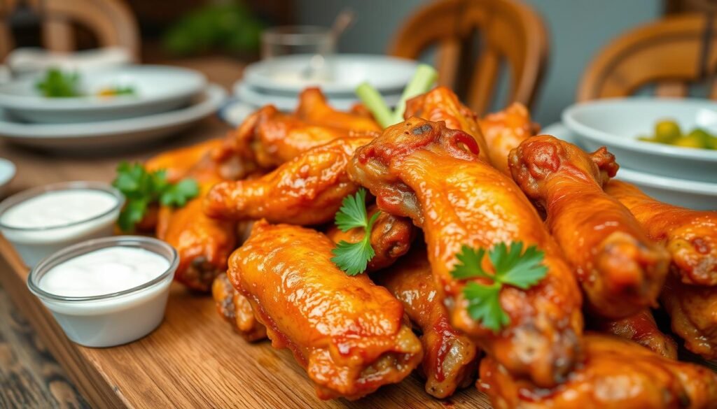 A close-up view of succulent, crispy chicken wings arranged artistically on a wooden platter, garnished with fresh parsley and celery sticks. The wings should have a golden-brown glaze, glistening under warm, soft lighting that enhances their texture. A few dipping sauces, such as ranch and buffalo sauce, are placed in small bowls beside the wings, adding vibrant color to the scene. In the background, a rustic table set with a casual family dining atmosphere hints at a homey environment. The focus should be sharp on the wings, with a slight bokeh effect around the edges to create depth. Emphasize the delicious and inviting nature of this popular dish, evoking a mood of warmth and togetherness.
