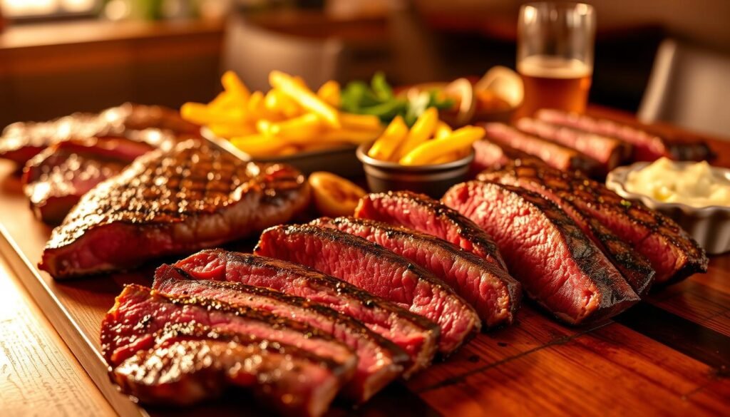 A lavish spread of succulent Yard House steaks, seared to perfection, resting on a wooden table. The juicy cuts of beef are highlighted by the warm, golden lighting, casting a mouthwatering glow. In the foreground, a selection of premium cuts, including a thick ribeye, a tender filet mignon, and a flavorful strip steak, are arranged with care. The middle ground features a variety of delectable side dishes, such as crisp, golden-brown fries and a creamy, garlic-infused mashed potato. The background is softly blurred, hinting at the upscale, inviting ambiance of the Yard House restaurant. The overall scene exudes an air of indulgence and satisfaction, perfectly capturing the essence of the "Steaks, seafood, and house favorites for hearty appetites" section of the Yard House menu.