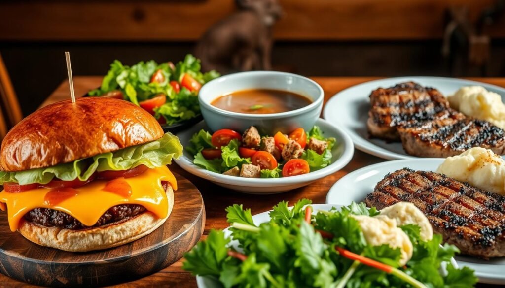 A mouthwatering array of delectable lunch dishes, artfully arranged on a rustic wooden table. In the foreground, a juicy burger with gooey melted cheese, crisp lettuce, and a toasted brioche bun. Beside it, a vibrant salad overflowing with fresh greens, ripe tomatoes, and a tantalizing vinaigrette. In the middle, a steaming bowl of savory soup, its rich broth and tender chunks of meat beckoning. Further back, a plate of perfectly seared steak tips, their caramelized edges complemented by a side of creamy mashed potatoes. The scene is illuminated by warm, natural lighting, casting a cozy, inviting atmosphere. The overall composition is balanced and visually appealing, capturing the essence of a delicious and satisfying midday meal.