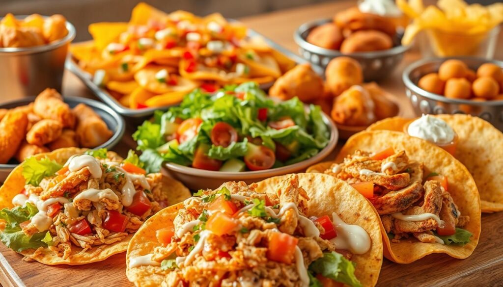 A vibrant and mouthwatering display of El Pollo Loco's signature menu items, showcased in a meticulously lit and artfully arranged composition. In the foreground, crisp tostadas adorned with fresh vegetables, shredded chicken, and creamy sauces. Nearby, a colorful salad with leafy greens, juicy tomatoes, and grilled chicken strips. In the middle ground, golden-brown quesadillas and a platter of steaming-hot nachos, topped with melted cheese, pico de gallo, and sour cream. In the background, a selection of snacks, including crispy chicken wings and flavorful corn nuggets. The entire scene is bathed in warm, natural lighting, capturing the vibrant and authentic essence of El Pollo Loco's diverse menu offerings.