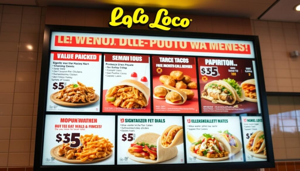 A vibrant, backlit menu board showcasing the mouthwatering offerings of El Pollo Loco's value-packed deals. In the foreground, the $5 menu items are prominently displayed, each with tantalizing food photography. In the middle ground, an array of signature dishes like the classic chicken, burritos, and tacos are highlighted. The background features the warm, inviting ambiance of an El Pollo Loco restaurant, with subtle brand elements and a softly blurred, tiled wall pattern. Crisp lighting and a slightly elevated camera angle create an appetizing, high-quality presentation of the restaurant's dynamic menu and promotional offerings.