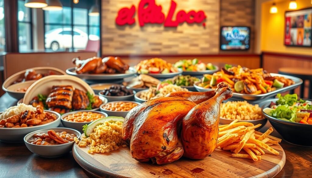 A vibrant, high-quality photograph showcasing a diverse selection of El Pollo Loco's delectable family-style menu offerings. In the foreground, a large, succulent fire-grilled whole chicken takes center stage, surrounded by an array of hearty side dishes like Mexican rice, pinto beans, and warm tortillas. In the middle ground, various family-sized platters and catering trays filled with mouthwatering fire-roasted chicken, juicy carnitas, and crisp, flavorful salads spill out from a rustic wooden table, creating an inviting and appetizing scene. The background features a softly blurred, yet distinctive El Pollo Loco restaurant interior, complete with warm lighting and a cozy, welcoming atmosphere. The overall image exudes a sense of abundance, quality, and the authentic, flame-grilled flavors that define the El Pollo Loco brand.