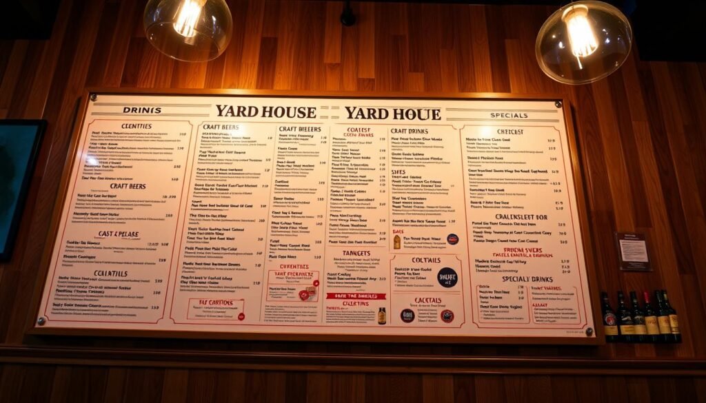 A vibrant, high-resolution image of a Yard House drink menu displayed on a wood-paneled wall, with a warm, inviting ambiance. The menu features an extensive selection of craft beers, cocktails, and specialty drinks, showcased against a backdrop of hanging pendant lights and shelves of liquor bottles. The overall composition conveys the upscale, modern atmosphere of a Yard House restaurant, with a focus on the diverse and carefully curated drink offerings that are a signature of the Yard House brand.