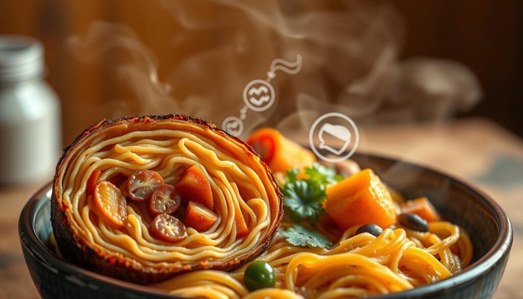 A vibrant macro and micronutrient composition within a bowl of steaming noodles. The foreground features a detailed cross-section of noodles, showcasing their internal structure and the rich array of essential vitamins, minerals, and macronutrients. In the middle ground, various food icons representing protein, carbohydrates, and fats are interspersed among the noodles. The background depicts a softly blurred, warm-toned setting, evoking the cozy, homemade atmosphere of a noodle dish. Dramatic studio lighting casts dramatic shadows, highlighting the textural details. The composition is shot from a slightly elevated angle, giving the viewer an engaging, almost bird's-eye perspective.