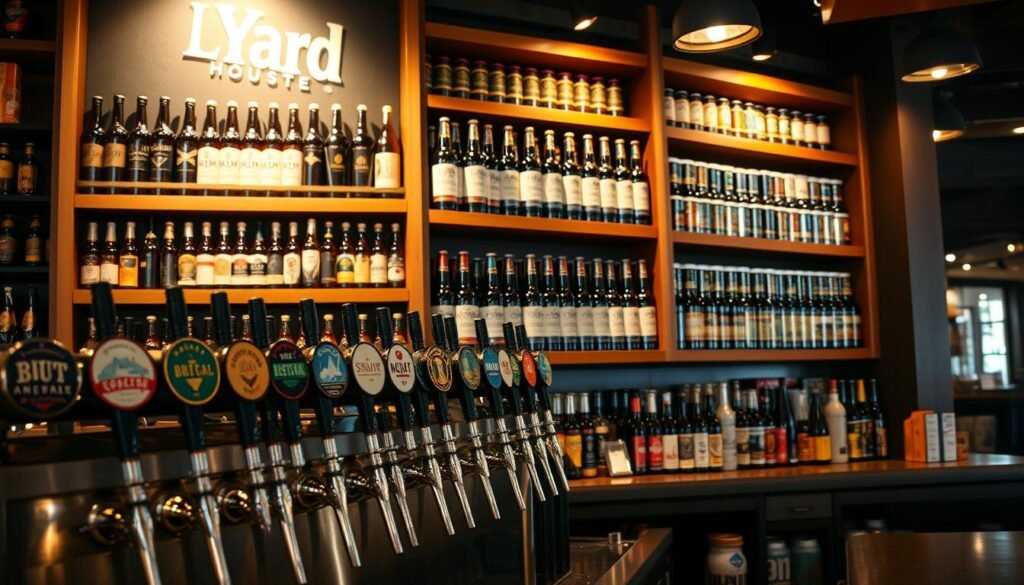 A well-lit, high-quality photograph of a Yard House restaurant's beer selection, showcasing a large variety of craft beers on display. The foreground features rows of chilled beer taps with a diverse range of labels and logos, highlighting the extensive beer menu. In the middle ground, wooden shelves hold a multitude of bottled and canned craft beers, arranged neatly and organized by style or region. The background depicts the warm, inviting atmosphere of the Yard House, with cozy lighting and subtle decor elements that complement the beer-focused ambiance. The image conveys the impressive breadth and depth of Yard House's beer offerings, enticing the viewer to explore the extensive selection.