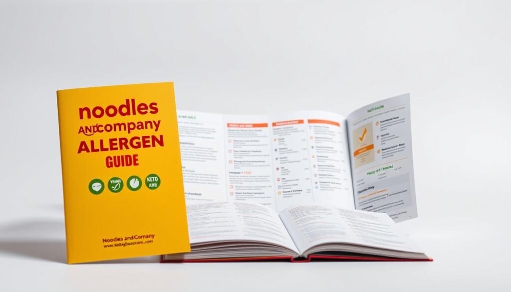 A well-lit, high-resolution image of an open, paperback allergen guide for Noodles and Company. The guide is displayed against a clean, white background, with a soft, diffused light illuminating the pages. The foreground features the guide's cover, prominently displaying the "Noodles and Company Allergen Guide" title, along with various icons and labels indicating vegetarian, vegan, keto, and paleo-friendly menu items. The middle ground showcases several open pages of the guide, showcasing detailed lists and symbols denoting dietary restrictions and allergens for the restaurant's menu items. The background is simple and uncluttered, allowing the guide to be the central focus of the image.