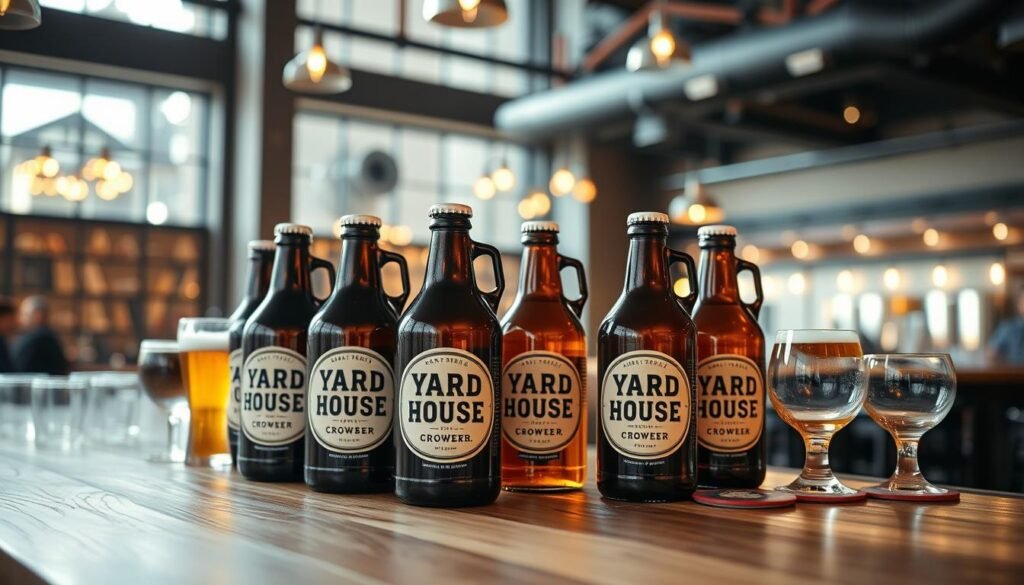 A well-lit, modern taproom scene showcasing an array of Yard House crowlers prominently displayed on a wooden bar counter. The crowlers, with their distinctive labels and crisp typography, take center stage, surrounded by a selection of craft beer glasses and coasters. The background features warm, inviting lighting, possibly with a view of the restaurant's interior through large windows. The overall atmosphere conveys an elevated, upscale dining experience, where customers can easily select and purchase these unique, portable craft beer options to enhance their visit.