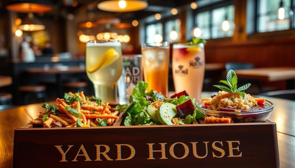 Yard House vegan menu, displayed on a high-quality wooden board with elegant typography. In the foreground, an array of plant-based dishes, including a hearty vegetable stir-fry, a fresh salad with avocado and quinoa, and a vibrant beet and orange salad. Behind them, a selection of beverages, including a refreshing fruit-infused water and a craft cocktail with a sprig of mint. The background features a blurred view of the Yard House restaurant interior, with its modern, industrial-chic decor and cozy ambiance. Warm, diffused lighting creates a welcoming atmosphere, highlighting the fresh, healthy, and diverse vegan offerings.